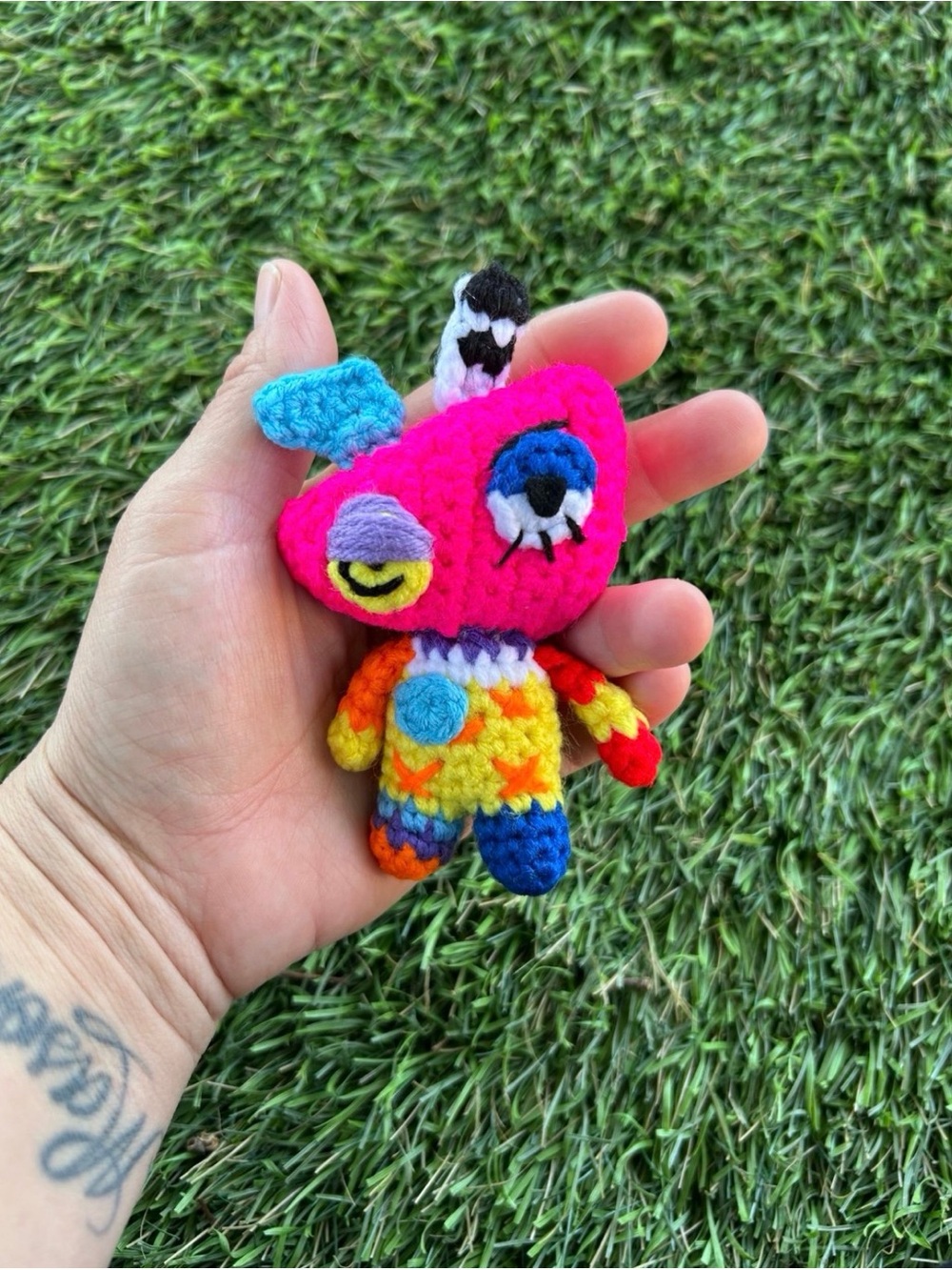 Bright Pink Multicolor Crochet Monster Plush Toy - Kids Stuffed Animal